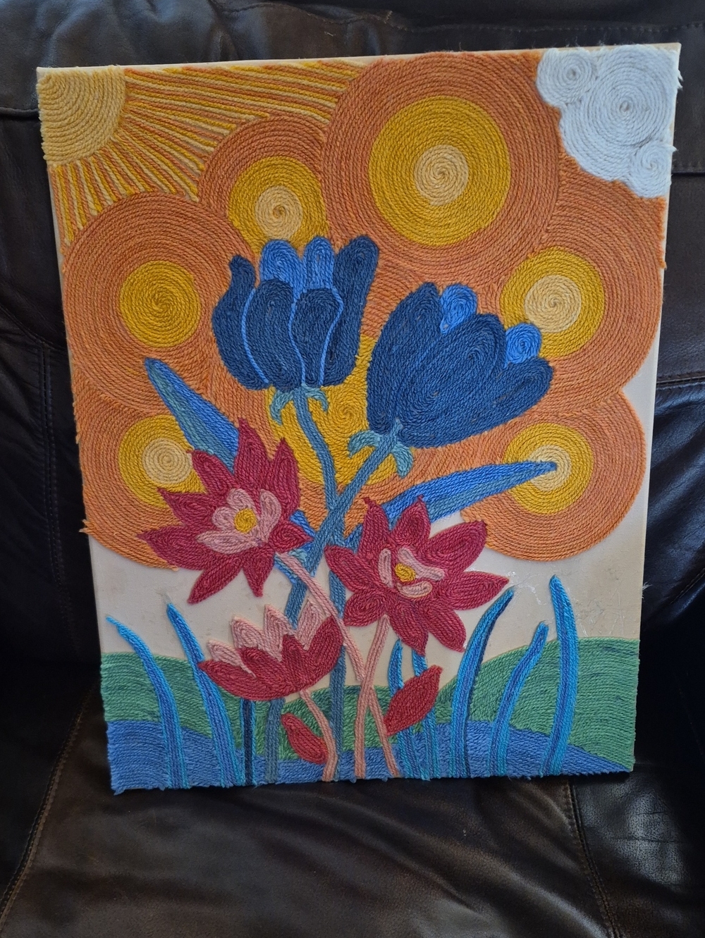 Cotton and Yarn fiber art, handmade embroidered floral wall art & lotus flowers.